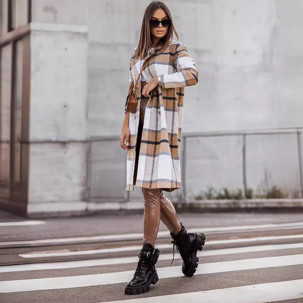 Fashion Brushed Mid-length Plaid Wool Coat apparels & accessories