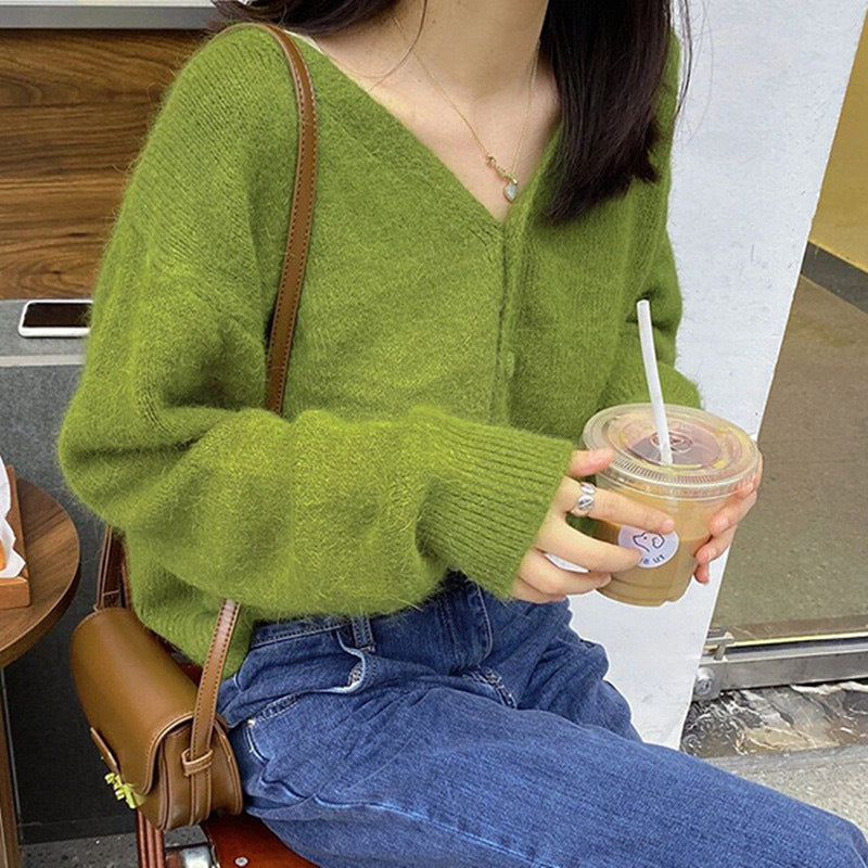 Knitted Vintage Avocado Green V-neck Lazy Style Sweater apparels & accessories