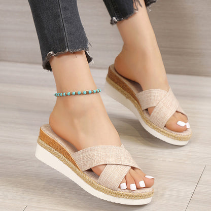 Women Hemp Wedge Sandals Platform Slippers Shoes & Bags