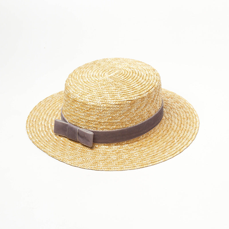 Straw hat with velvet ribbon and flat top apparel & accessories
