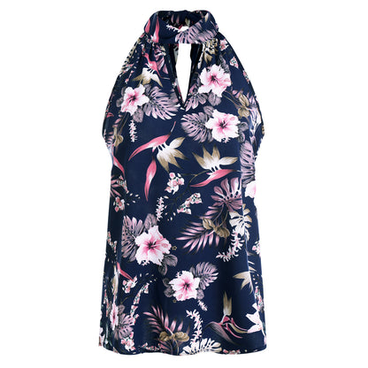 European And American Women's Clothing Sleeveless Floral Chiffon Top apparel & accessories