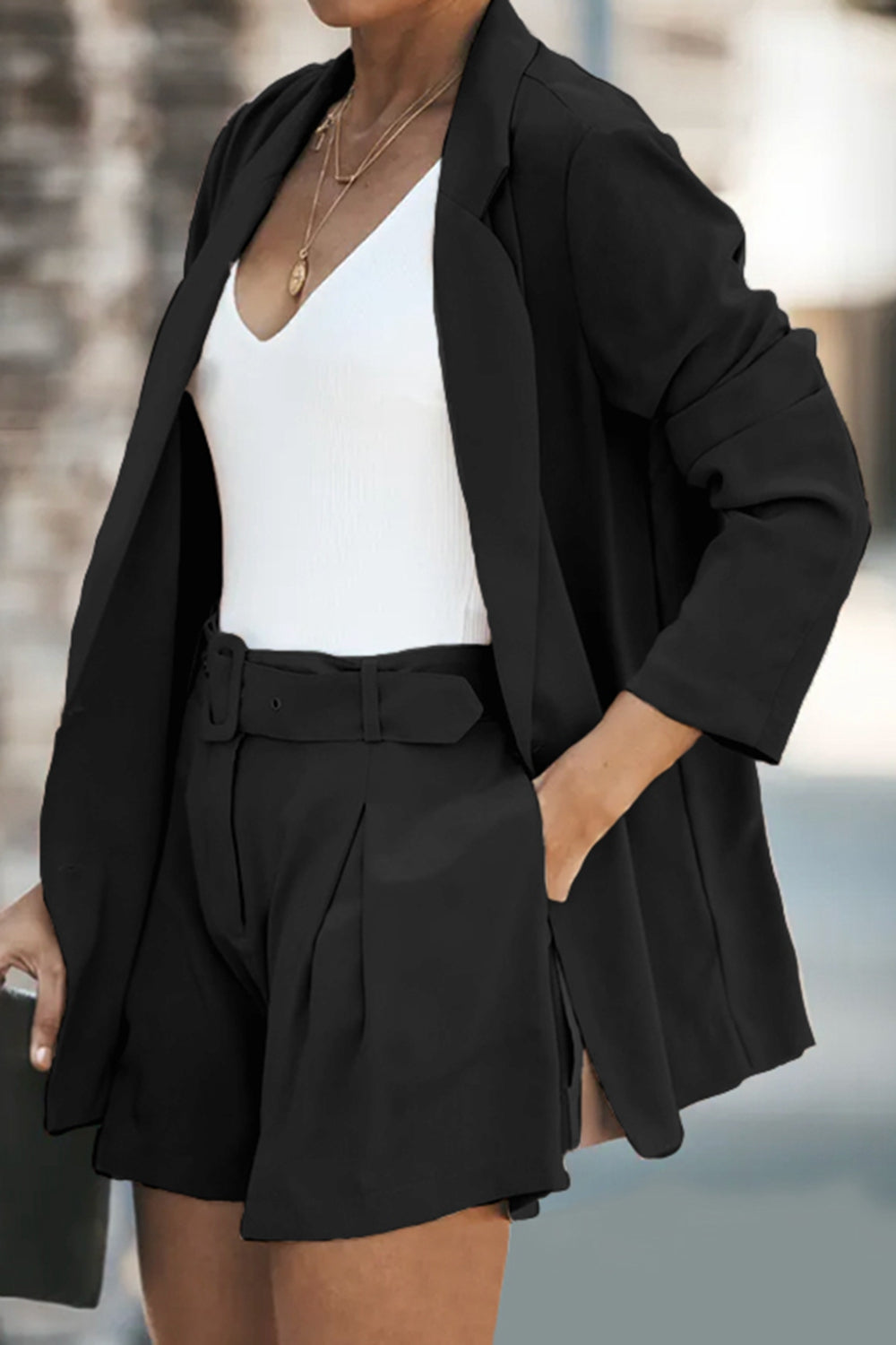 Longline Blazer and Shorts Set with Pockets Dresses & Tops