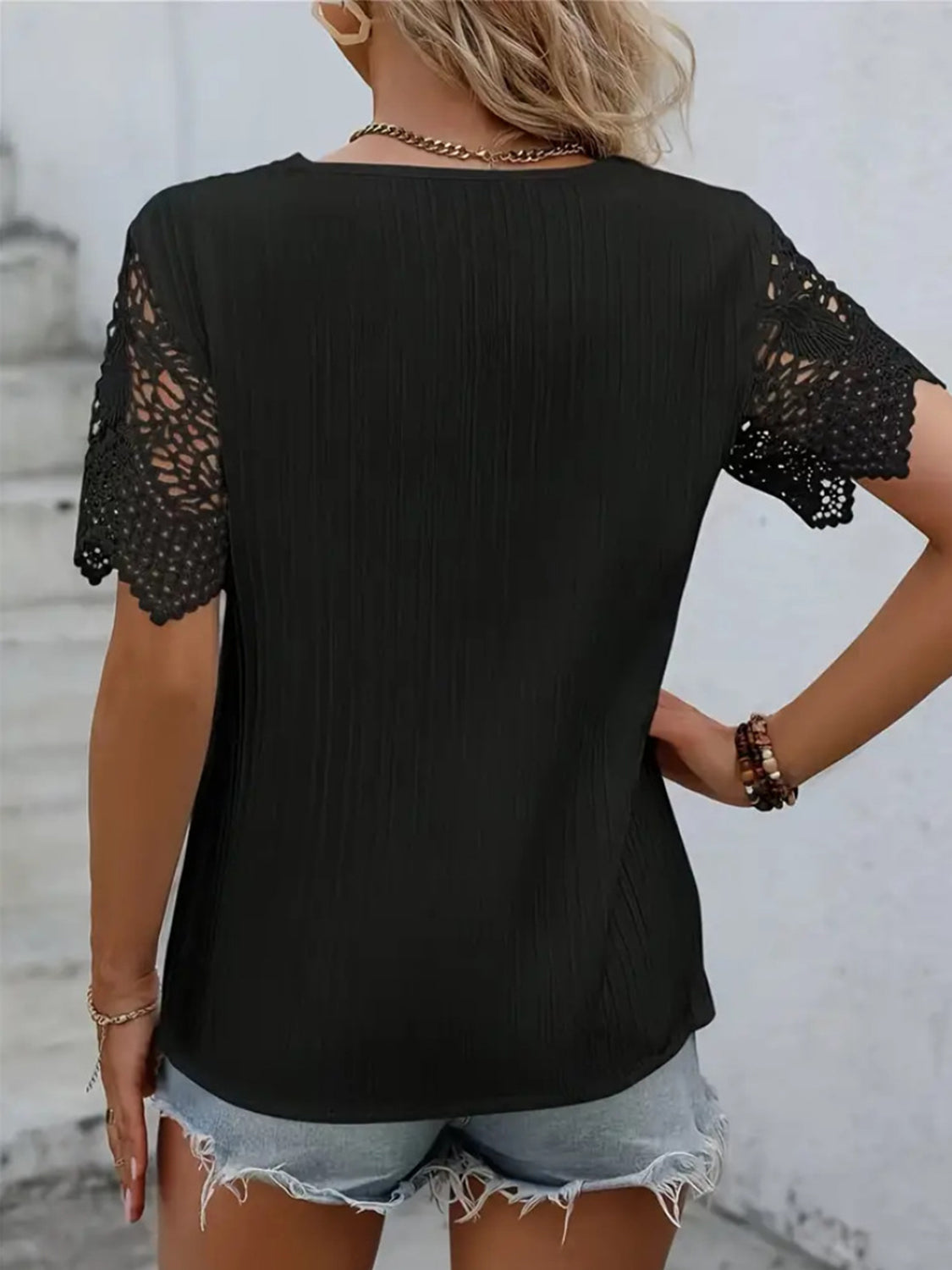 Lace Detail V-Neck Short Sleeve Blouse apparel & accessories