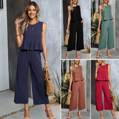 Women's Sleeveless Shirt Wide Leg Cotton And Linen Cropped Pants Set apparels & accessories