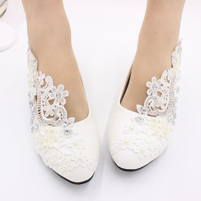 White High-heeled Wedding Shoes Lace Rhinestone Bridal Shoes & Bags