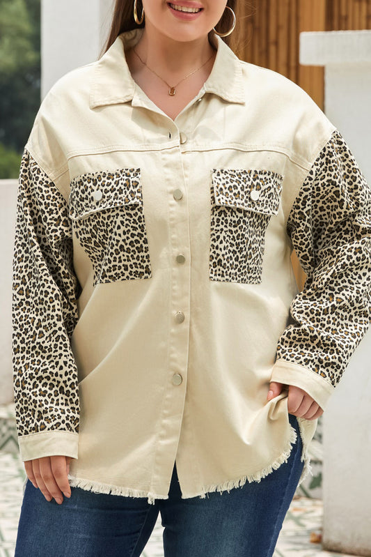 Plus Size Leopard Button Up Raw Hem Denim Jacket Dresses & Tops
