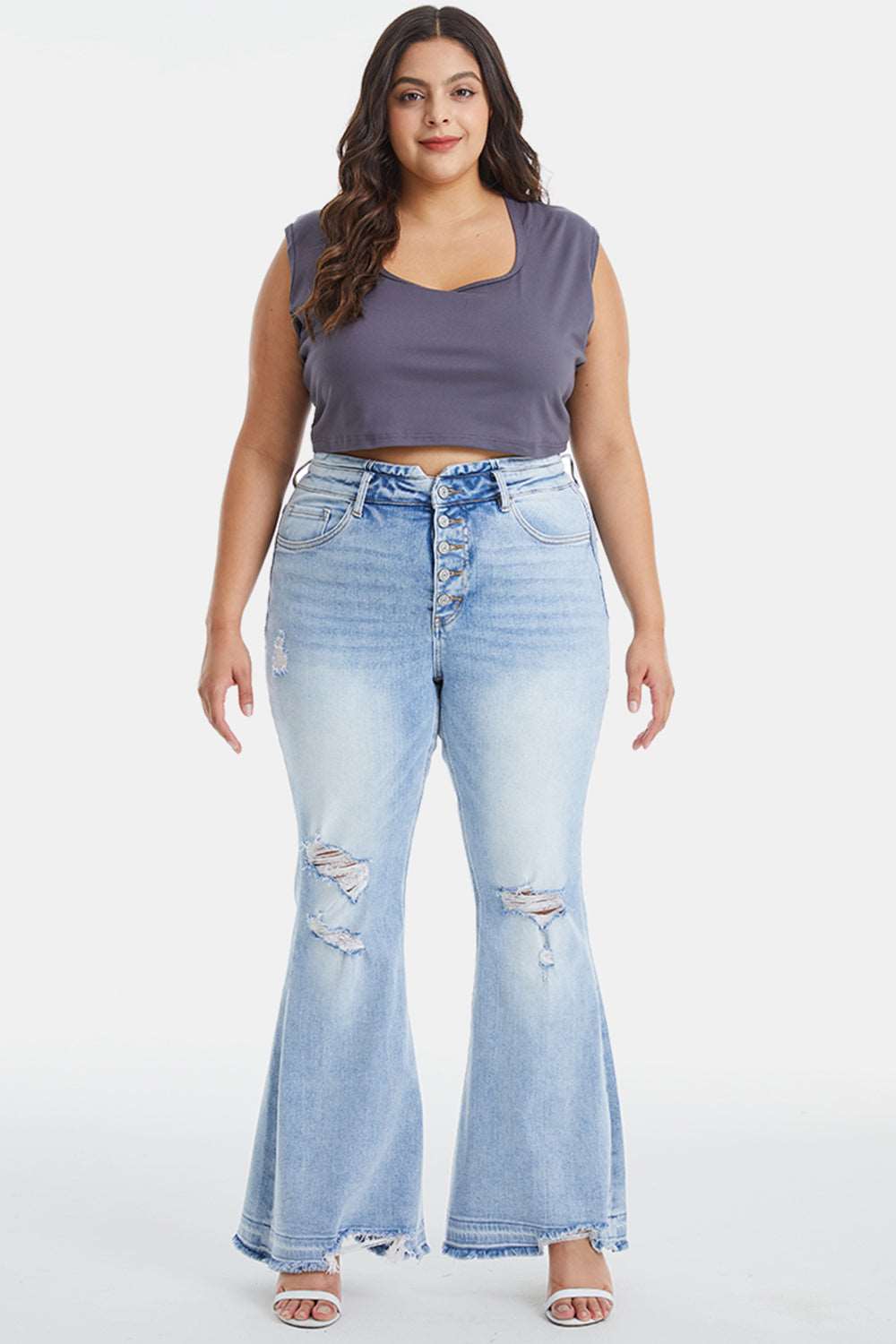 BAYEAS Full Size Distressed Raw Hem High Waist Flare Jeans apparel & accessories