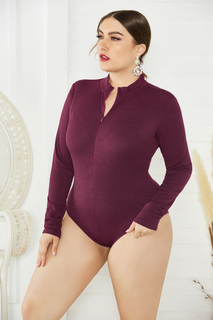 Plus Size Zip Up Long Sleeve Bodysuit Dresses & Tops