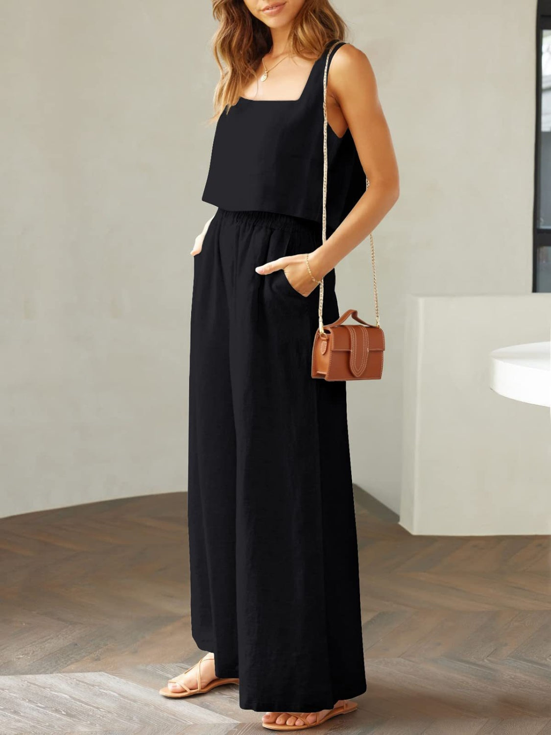 Square Neck Top and Wide Leg Pants Set apparel & accessories