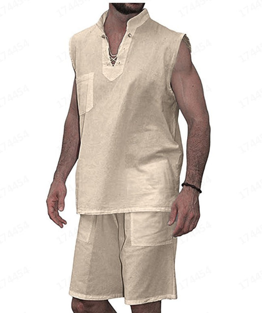 Men's Casual Solid Color Lace-Up Vest Two-Piece Set apparel & accessories