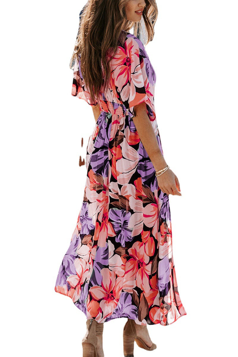 Summer New Hot Girl Fashion Printed Deep V Split Dress For Women apparels & accessories