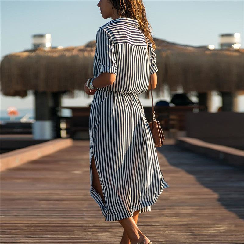 Stripe Shirt Women's Dress Spring Summer Chiffon V-neck Sexy Maxi Dresses Sexy Elegant Casual Girl Lace Women Long Sleeve apparels & accessories