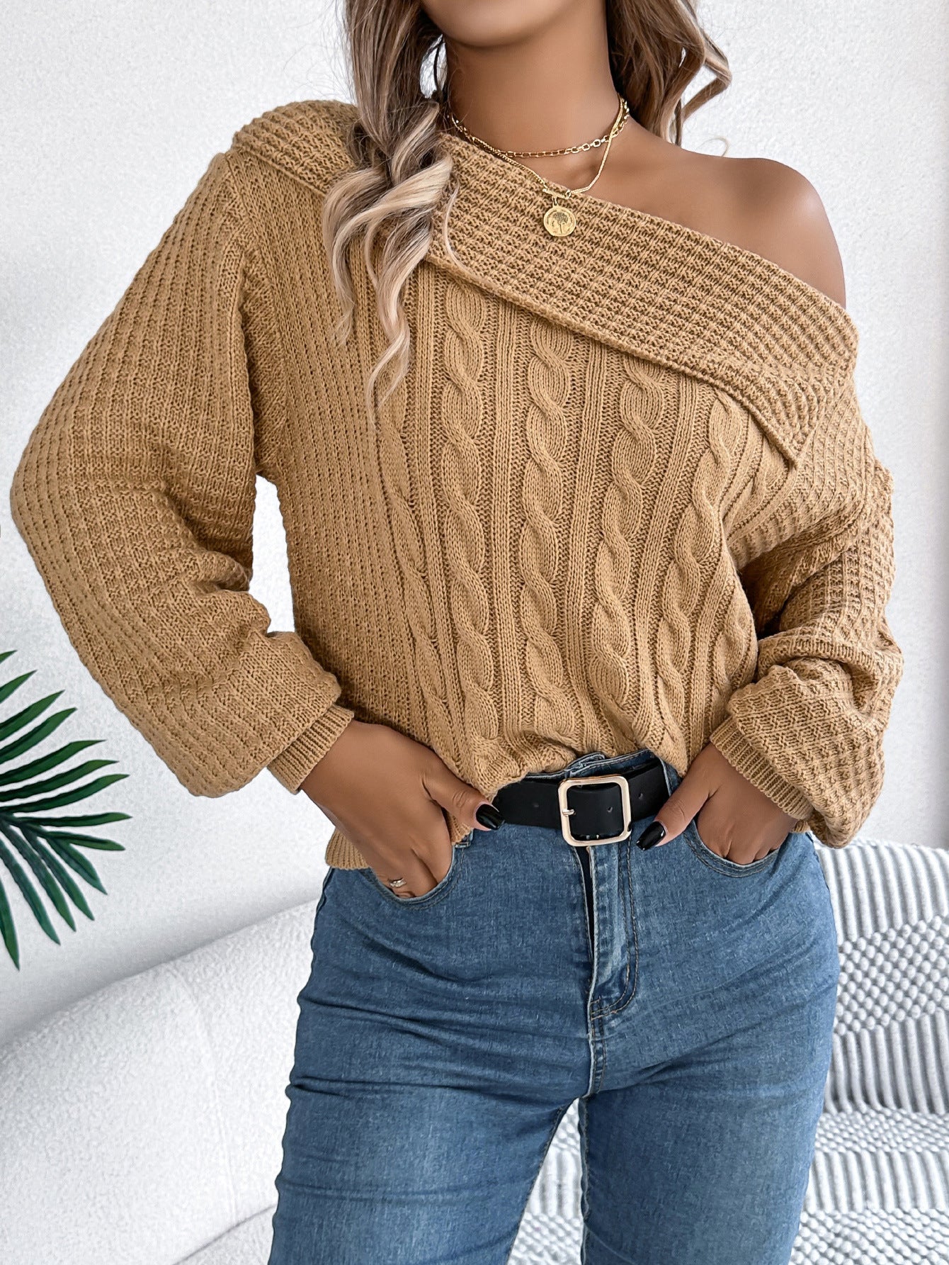 Off-the-shoulder Twist Long Sleeve Pullover apparels & accessories