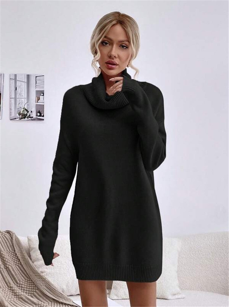 Solid Color Loose High Collar Knitted Dress apparels & accessories