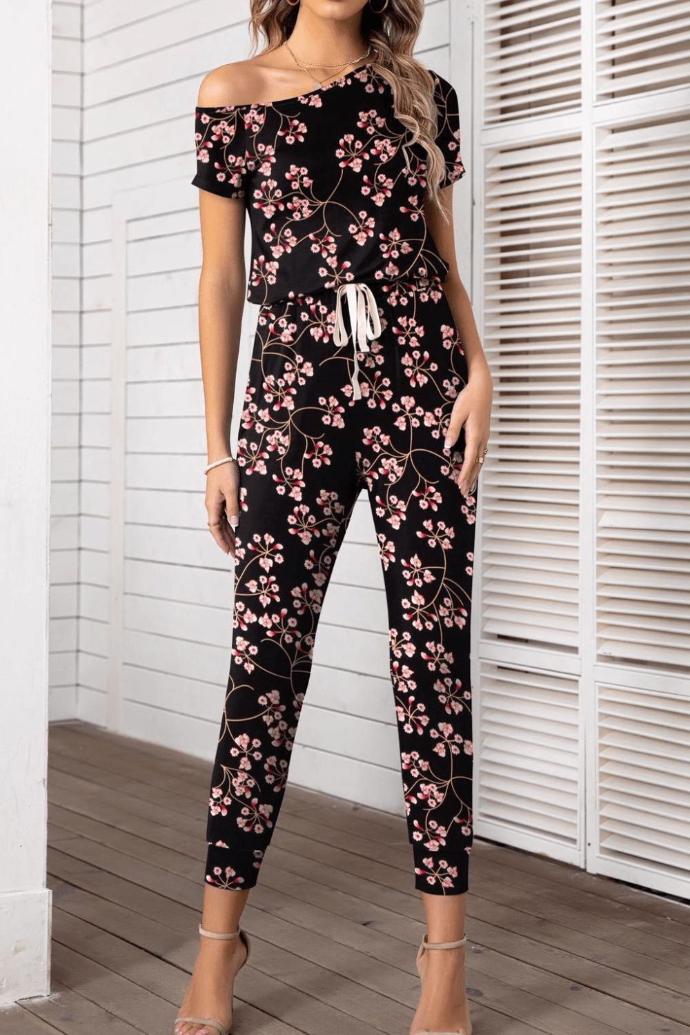 Asymmetrical Neck Short Sleeve Jumpsuit apparel & accessories