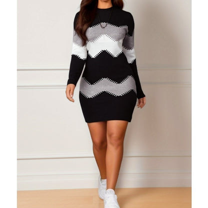 Mid-length Short Skirt Round Neck Long Sleeve Printed Knitted Sheath Dress apparel & accessories