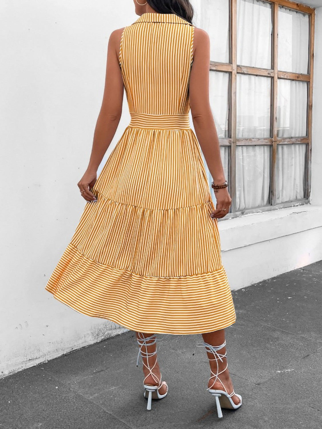 Striped Johnny Collar Sleeveless Midi Dress Dresses & Tops