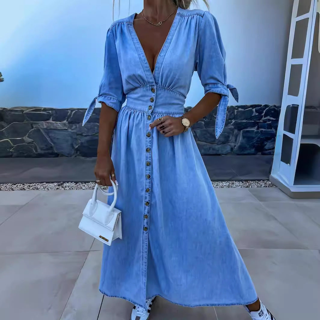 Ladies New Fashion Sexy V-neck Denim Dress apparel & accessories