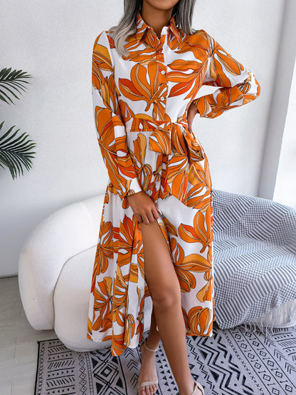 Contrast Color Flower Lapel Tied Shirt Dress Long Skirt apparel & accessories