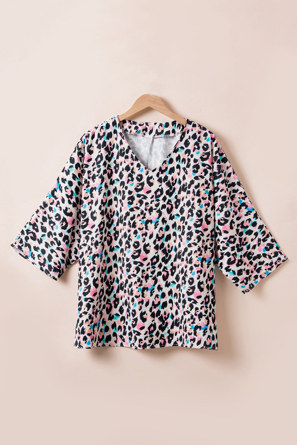 Plus Size Leopard V-Neck Three-Quarter Sleeve Blouse Dresses & Tops