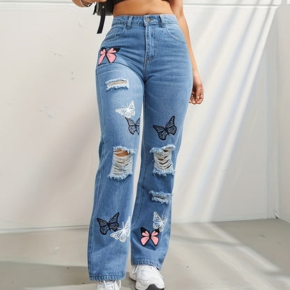 High Waisted Straight Leg Butterfly Print Ripped Distressed Denim Pants apparels & accessories