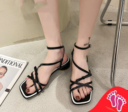 Summer Mid-heel Square-toe Thick-heeled Sandals Women Shoes & Bags