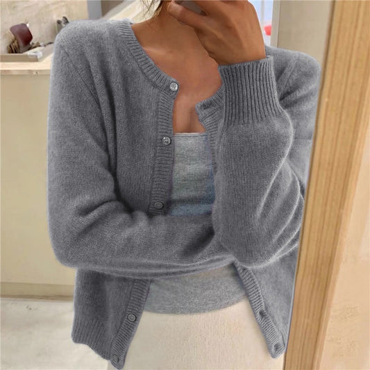 Women's Round Neck Solid Color Knitted Cardigan apparels & accessories