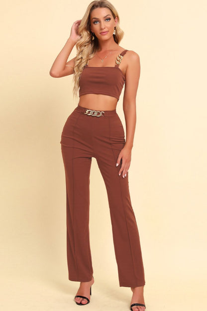 Chain Detail Cropped Cami and Straight Leg Pants Set apparel & accessories