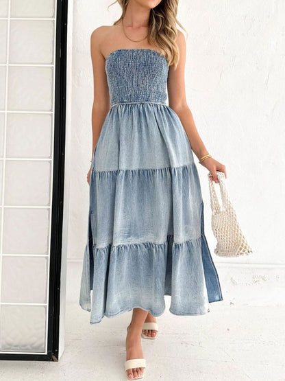 Slit Smocked Tube Tiered Denim Dress apparel & accessories