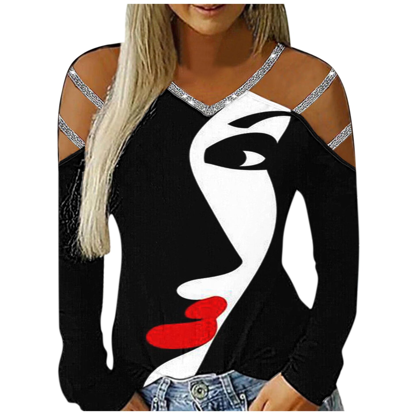 Ladies Casual V-Neck Printed Cutout Off Shoulder Long Sleeve T-Shirt apparels & accessories