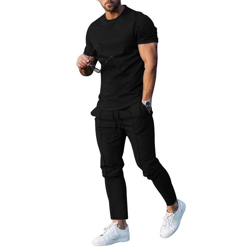 Solid Color Casual Round Neck Short Sleeves T-shirt Trousers Two-piece Set apparel & accessories