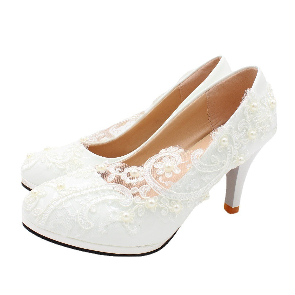Lace High Wedding Shoes With White Low Heels Shoes & Bags