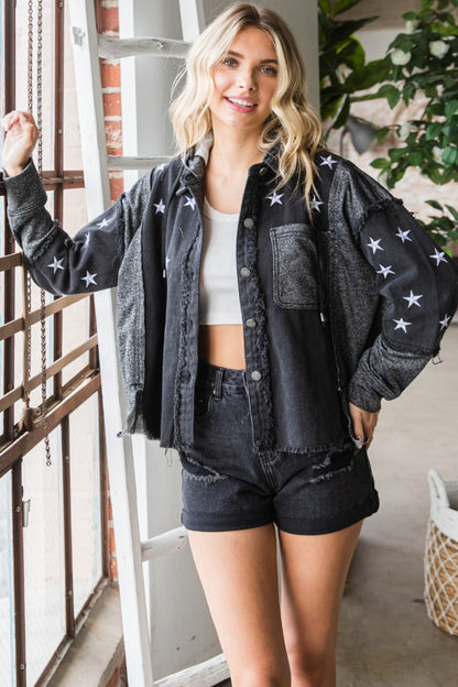 Veveret Star Embroidered Hooded Denim Jacket apparel & accessories