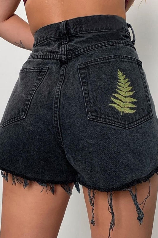 Women's Vintage Black Embroidered Raw Edge Denim Shorts shorts