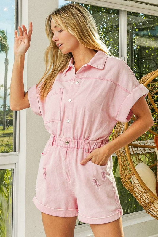 BiBi Distressed Half Snap Short Sleeve Denim Romper Bottom wear