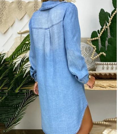 Women's Solid Color Single-breasted Long Sleeve Denim Dress apparel & accessories