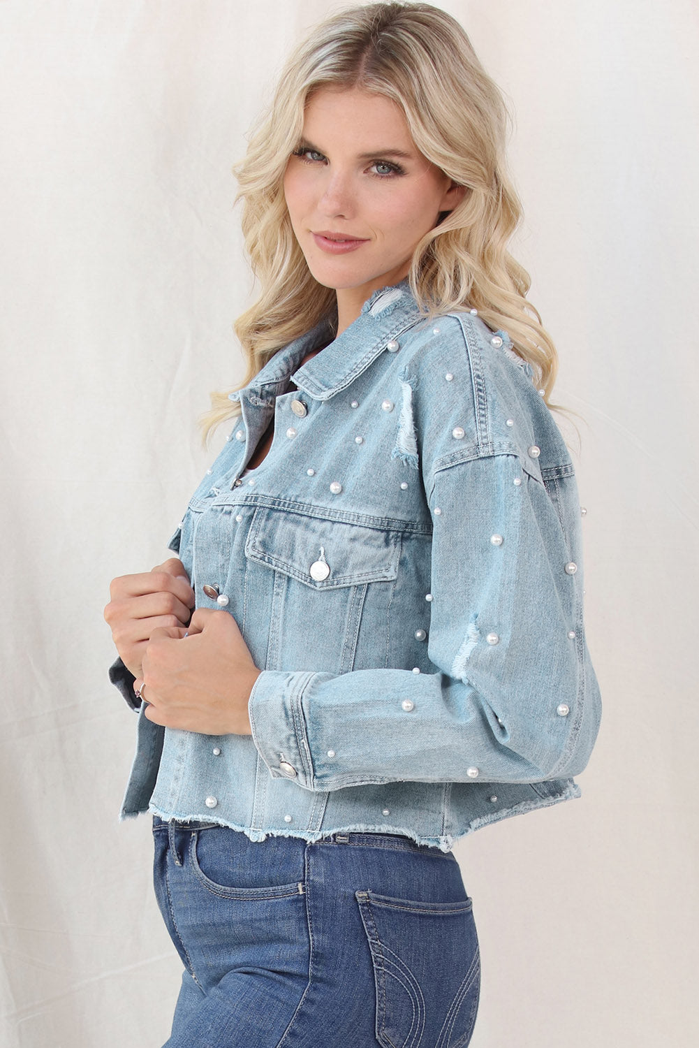 Distressed Pearl Trim Button Up Denim Jacket Dresses & Tops