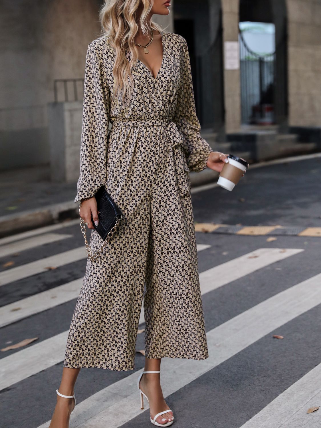 Printed Surplice Neck Tie Waist Wide Leg Jumpsuit Bottom wear