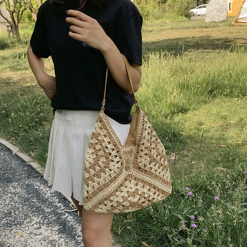 Women's Fashion Handmade Straw Woven Hollow Contrast Color Weave Shoulder Bag Accessories for women