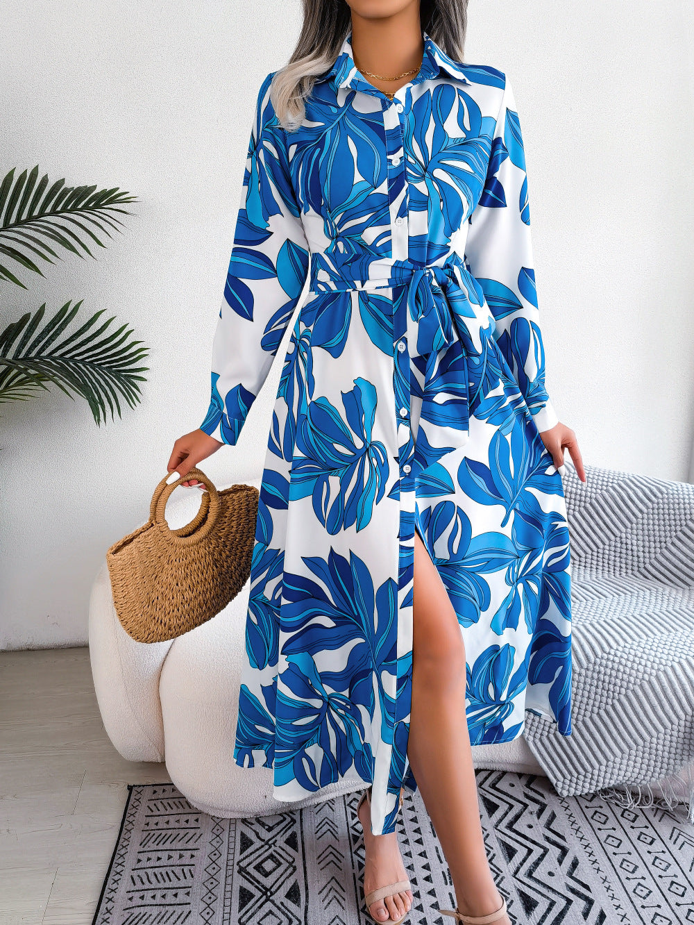 Contrast Color Flower Lapel Tied Shirt Dress Long Skirt apparel & accessories