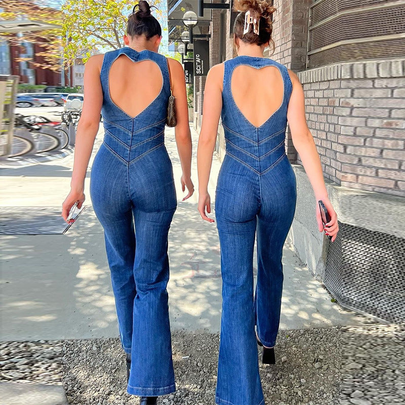 Summer Slim Heart-shape Backless Denim Jumpsuit Women Halter Neck Zip Up High Waist Panst Retro Style Clothing apparel & accessories