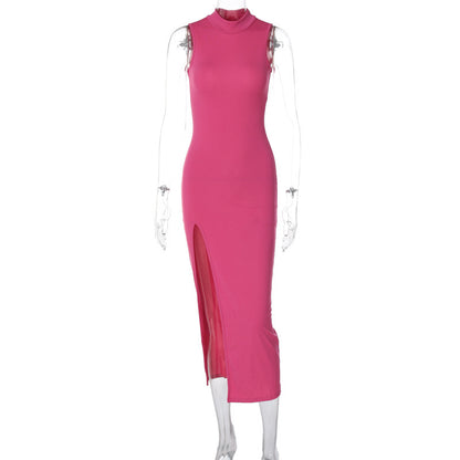 Women's Fashion Round Neck Slim Fit Slit Midi Dress apparel & accessories