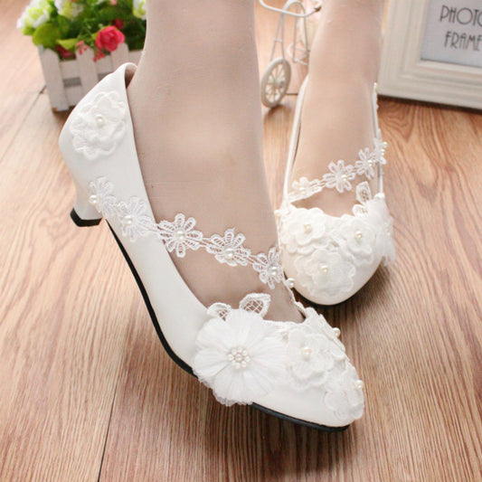 White Large Lace Low Heel Wedding Dress 3D Flower Women's Shoes Shoes & Bags