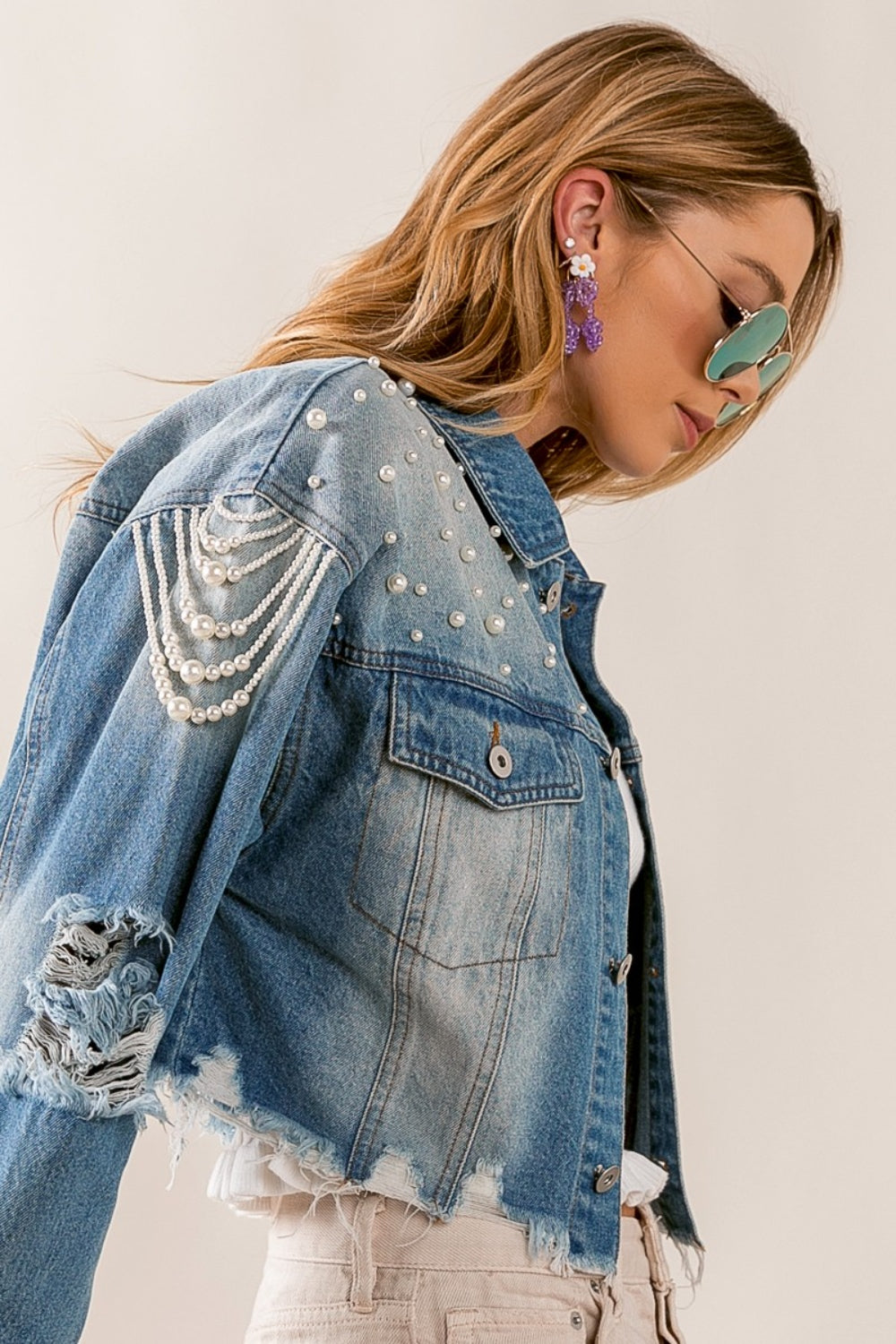 BiBi Pearl Detail Distressed Cropped Denim Jacket Dresses & Tops