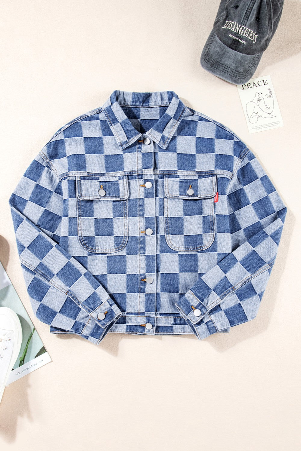 Checkered Button Up Long Sleeve Denim Jacket Dresses & Tops