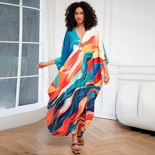 Print Holiday Loose Plus Size Robe Beach Cover-up Dress apparels & accessories