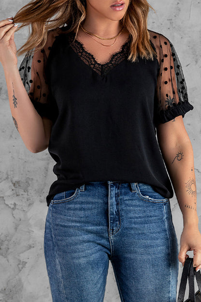 Lace Short Sleeve Top Ladies Slim Fit V-Neck Pullover T-Shirt apparels & accessories