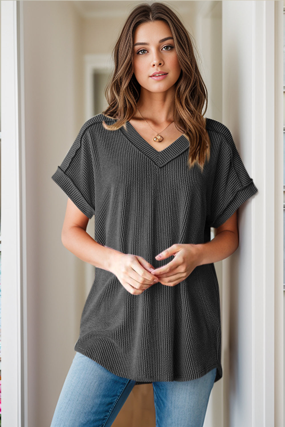 Textured V-Neck Short Sleeve Top Dresses & Tops