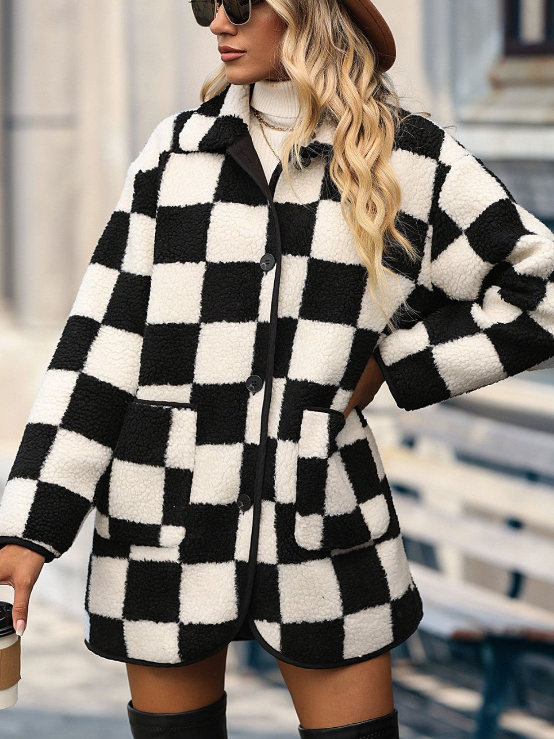 Checkered Button Front Coat with Pockets Dresses & Tops