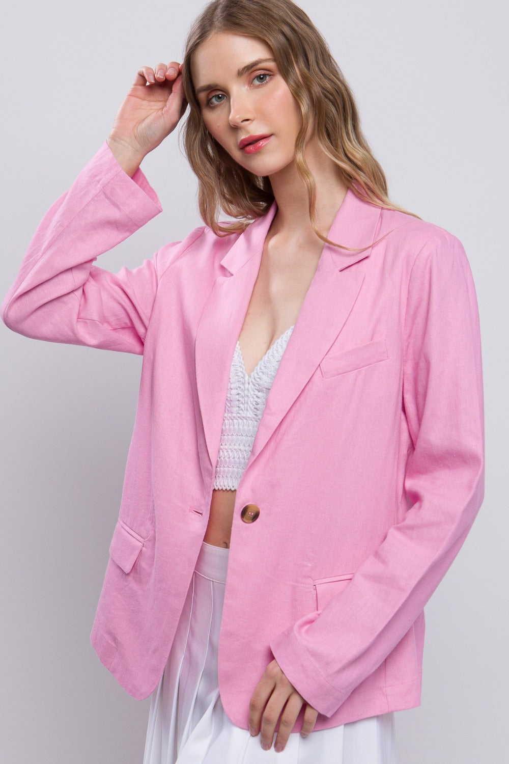 Love Tree One-Button Long Sleeve Linen Blazer Dresses & Tops